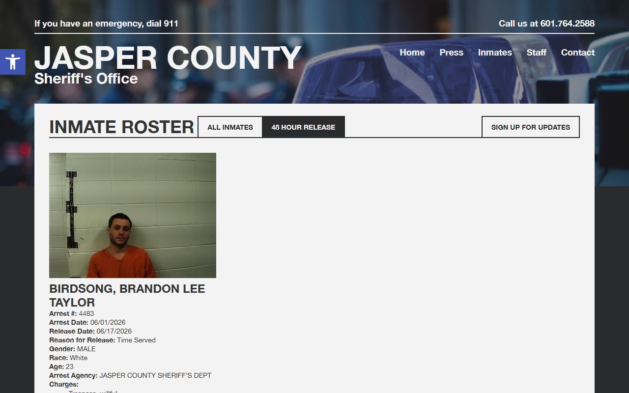 Jasper County recent release booking photo and release reason