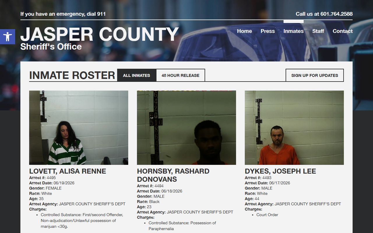 Jasper County inmate records roster with booking photo and charges